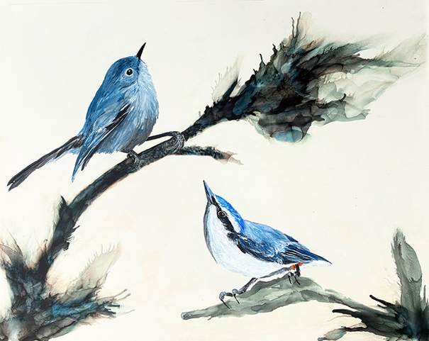 Messages by Jennifer Bain In Messages, Jennifer Bain captures a quiet, poetic moment between two birds rendered in delicate washes of blue and black. Perched on angular branches softened by expressive ink blooms, the birds face one another in what feels like a suspended conversation—an exchange carried not by sound, but by presence.
