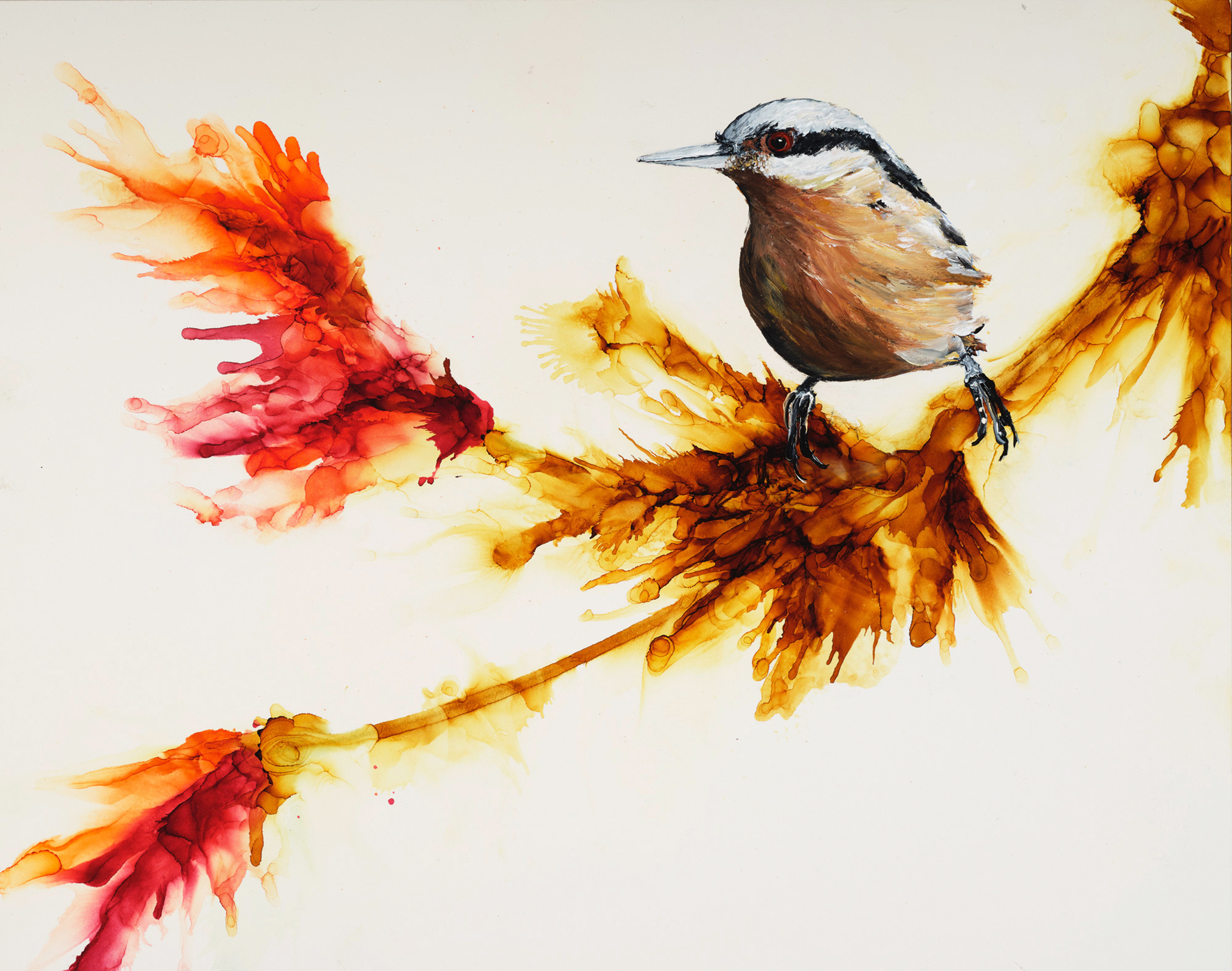 Riding the Wave by Jennifer Bain A striking ink and acrylic painting by Jennifer Bain featuring a perched bird amid flowing bursts of amber and red, blending realism with abstract botanical motion.