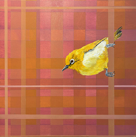 Sideways The structured geometric background contrasts with the organic form of the hummingbird, highlighting the artist’s signature balance between natural subject matter and graphic pattern.